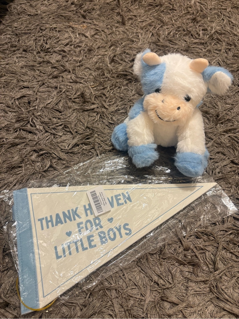 NWOT 20cm Blue Cow Plush Toy Soft Stuffed Animal Kawaii w Boy Pennant